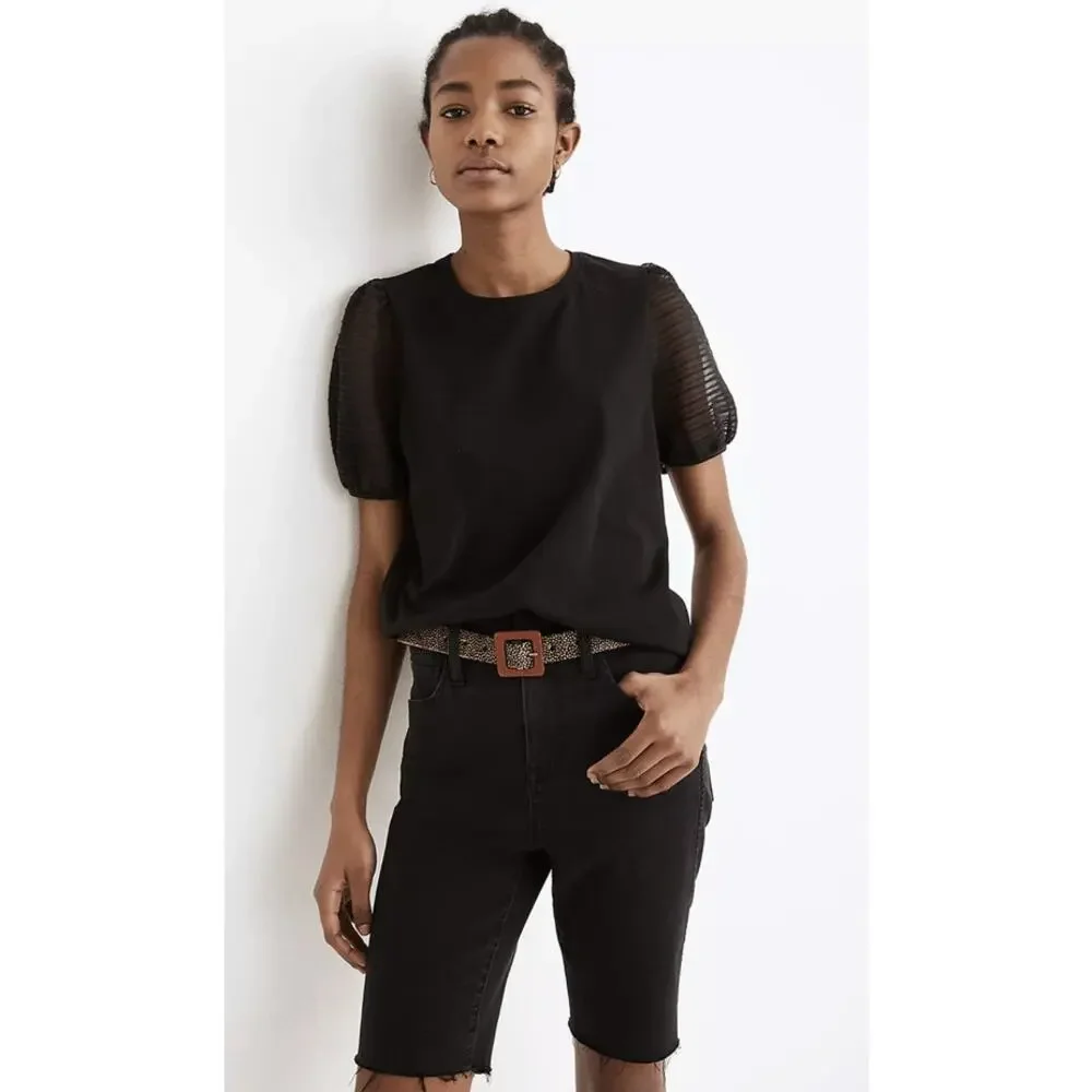 Madewell Striped Sheer Puff Sleeve Knit T-Shirt Crewneck Short Sleeve Black XS